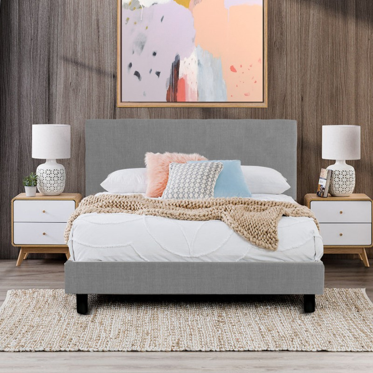Lit Venise Tissu Gris clair + Matelas Memoire de Forme | Design et qualité