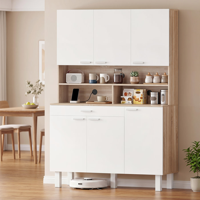 Alacena de Cocina Alta, Mueble Auxiliar de Cocina con 6 Puertas y Gran Cajón, Estantes, Encimera Amplia para Microondas, para Comedor, Salón, 120x40x175 cm, Blanco y Natural