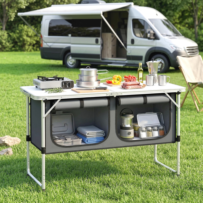Mesa de Cocina de Camping Plegable, Mueble de Cocina de Camping Portátil con Armario de Tela Oxford, Marco de Aluminio, para Picnic, BBQ y Actividades al Aire Libre, 120x47x70 cm, Plateado