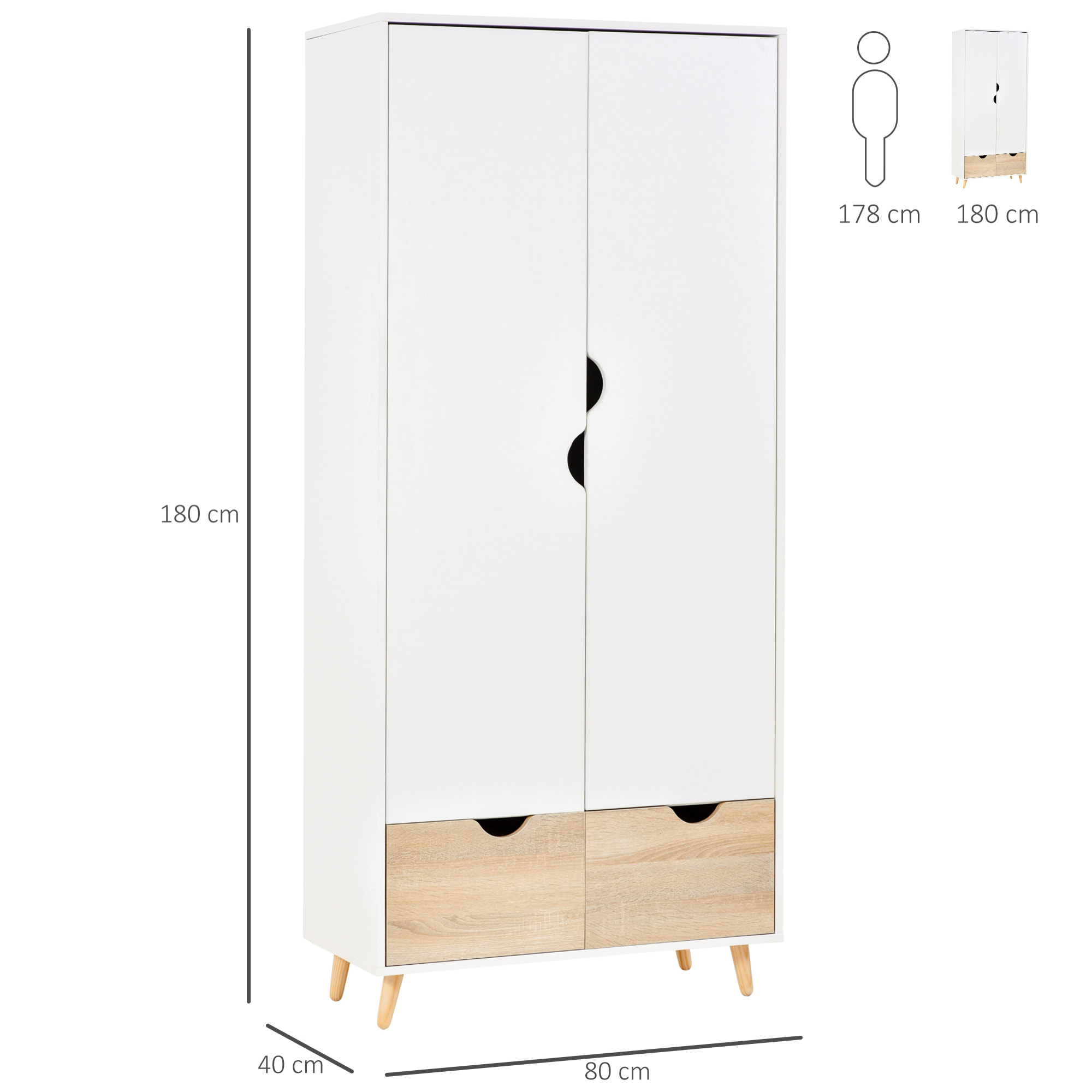 Armoire de rangement design scandinave - armoire de chambre - placard 2 portes avec penderie et étagère - 2 tiroirs coulissants - panneaux particules blanc chêne clair