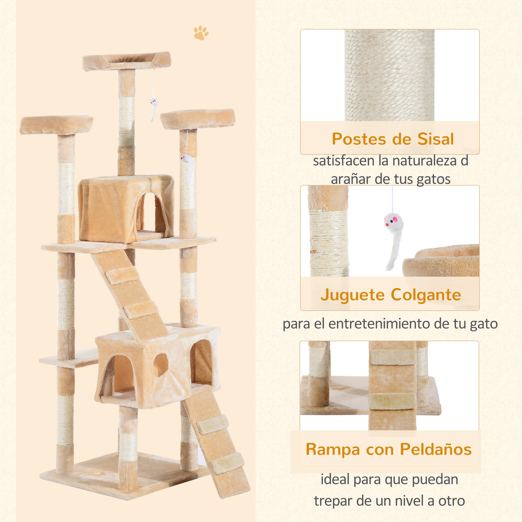árbol Rascador para Gatos Grande 49x49x173 cm con Múltiples Niveles con Cuevas Escaleras Juguetes Colgantes Camas Centro Actividades Sisal Gris Oscuro
