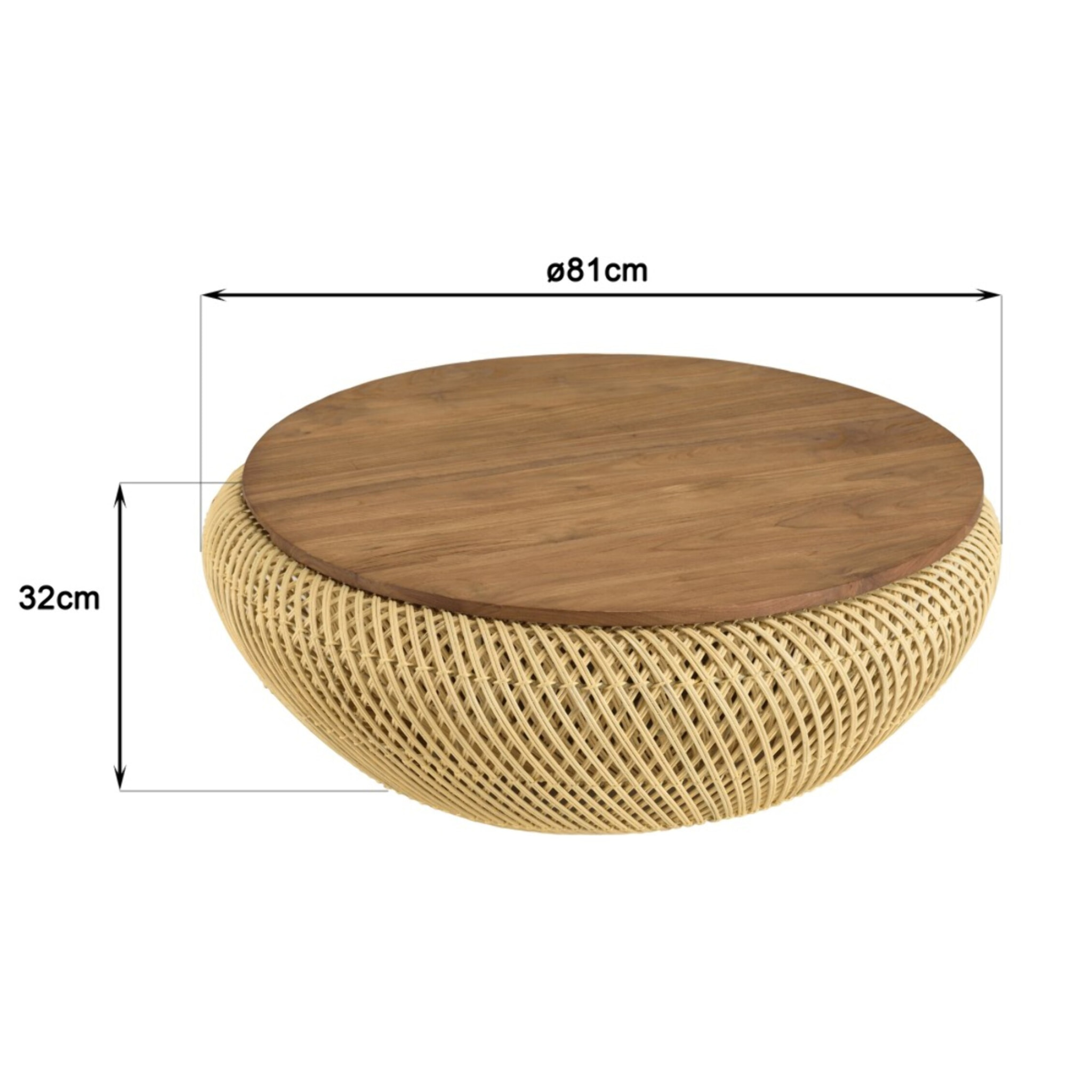 SIXTINE - Table basse ronde 80x80cm en rotin beige plateau amovible