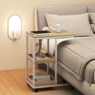 Mesa Auxiliar con Ruedas Mesa Auxiliar para Sofá en Forma de C con 2 Estantes Abiertos, Marco de Acero, para Salón, Dormitorio, 51x33x66 cm, Natural y Blanco