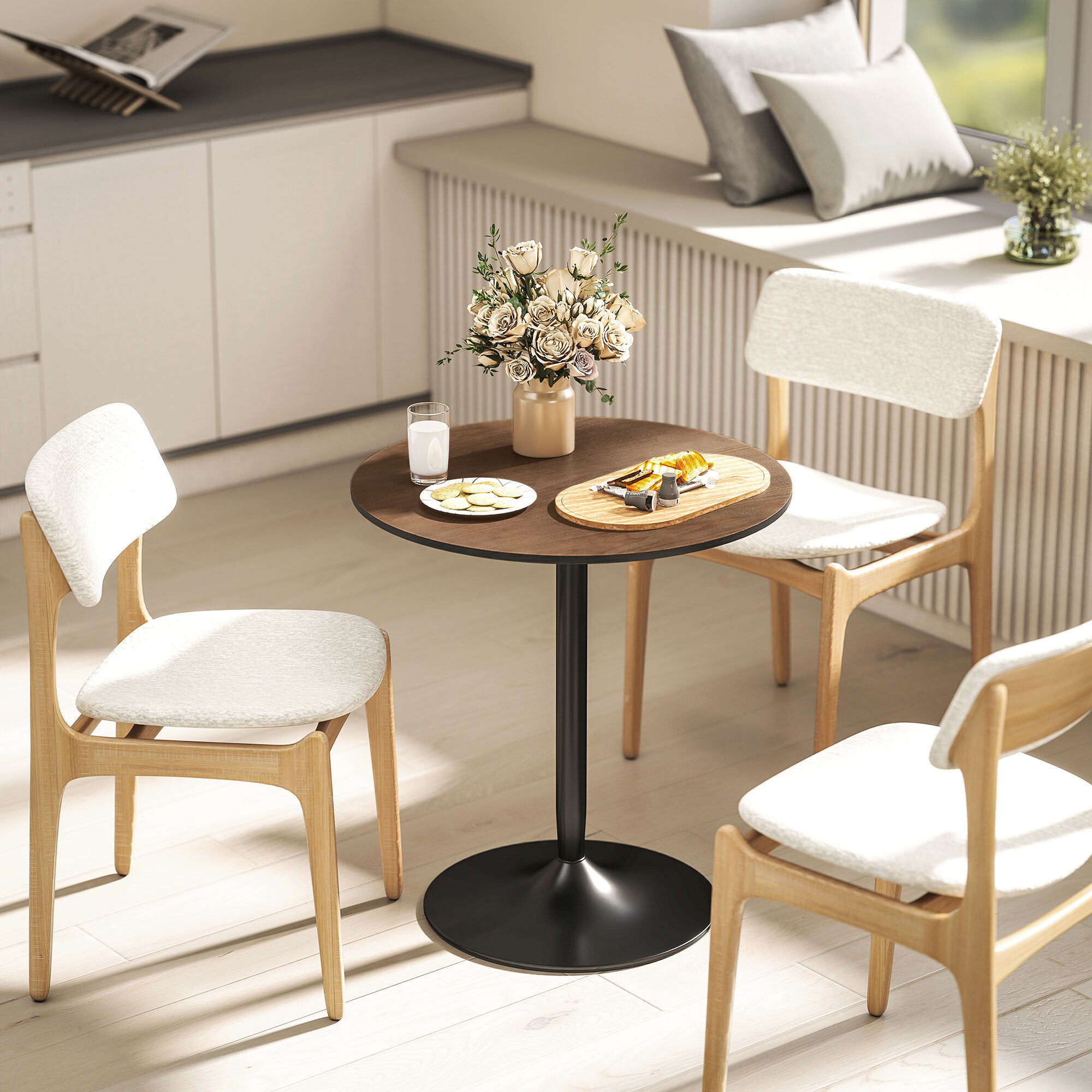 Table de salle à manger ronde 2 personnes dia.70 cm piètement acier noir effet bois noyer