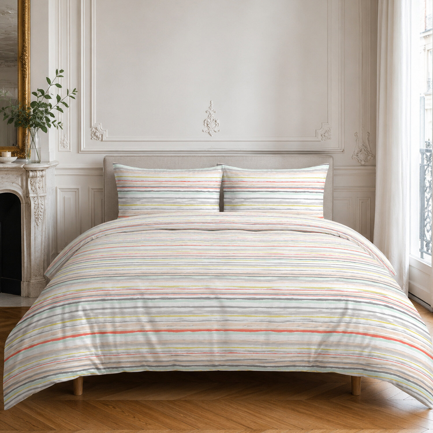 Parure housse de couette en coton rayures mutilcolore, Painterly Stripe