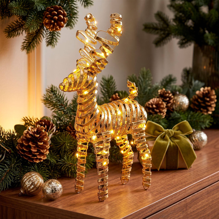 Reno navideño led dorado con 30 microled blanco cálido, con temporizador 24x9x37 cm