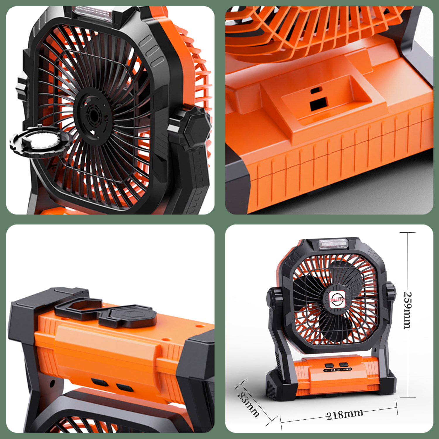 Ventilatore P50 con motore senza spazzole, LED con 8 luci, 4 velocità, 3 livelli di luce. Angolo regolabile di 180º, gancio per appendere e powerbank da 7800 mAh.