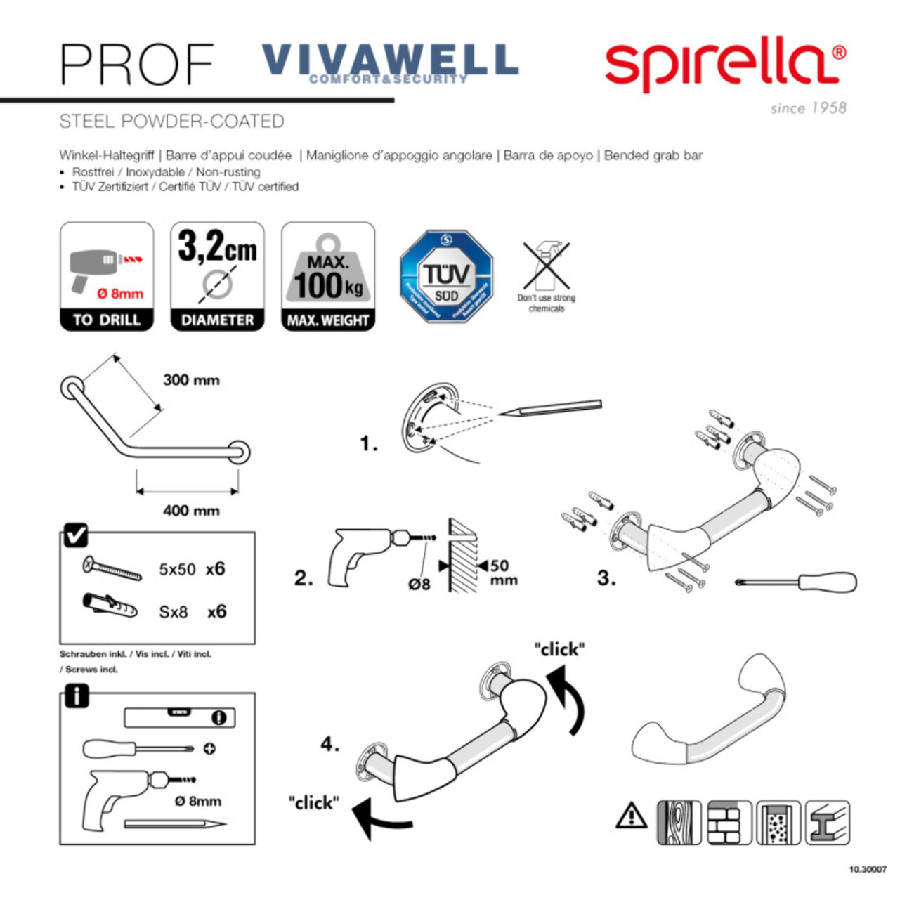 Barre de redressement ou d'appui coudée PROF Acier Inox 73,5cm Blanc Spirella