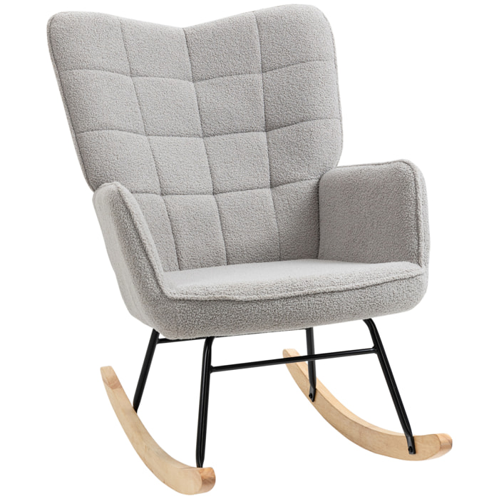 Fauteuil à bascule rocking chair design - structure acier piètement bois tissu effet laine bouclé gris