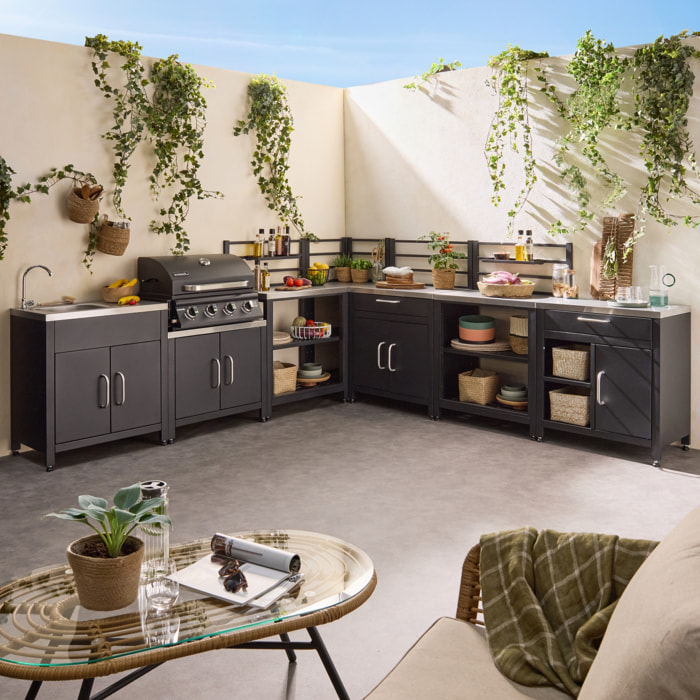 Ensemble de meubles de cuisine extérieure en acier inoxydable 7 modules avec barbecue au gaz 4 brûleurs