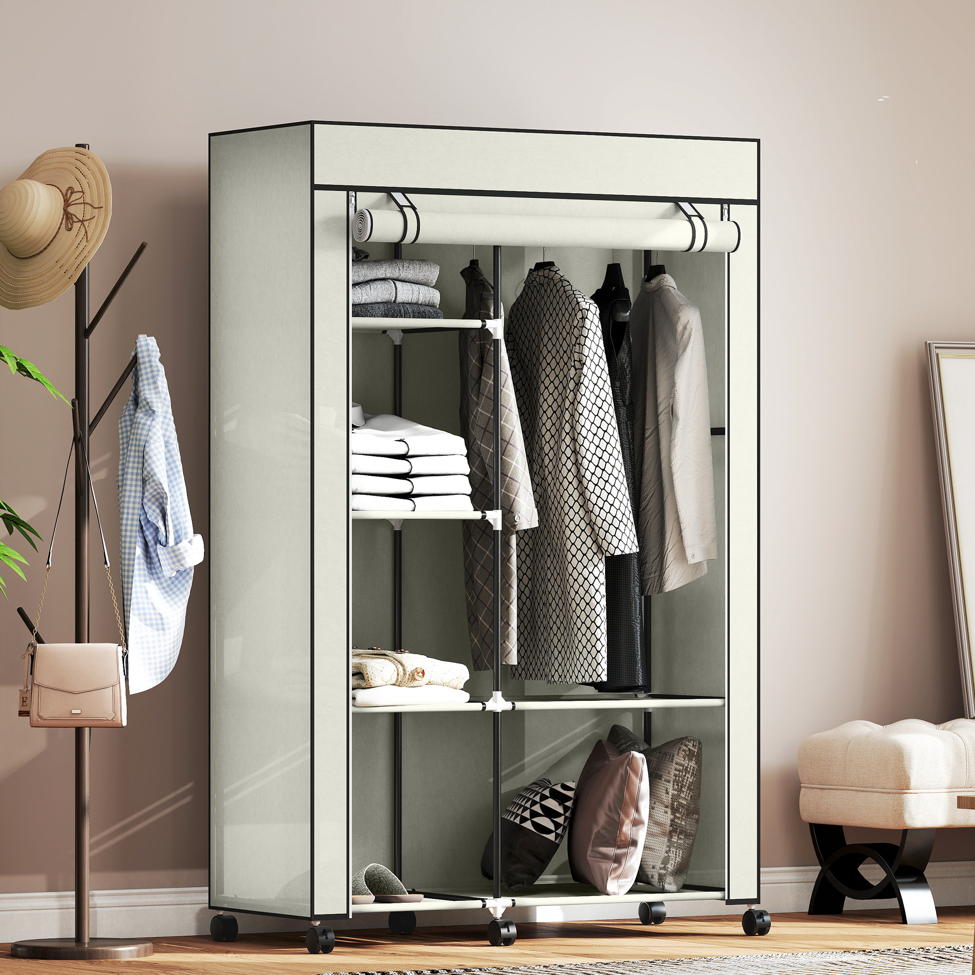 Armario de Tela con Ruedas, Armario Portátil, con Barra para Colgar, 6 Estantes, Marco de Acero, para Dormitorio, Vestidor, 103x43x162,5 cm, Crema