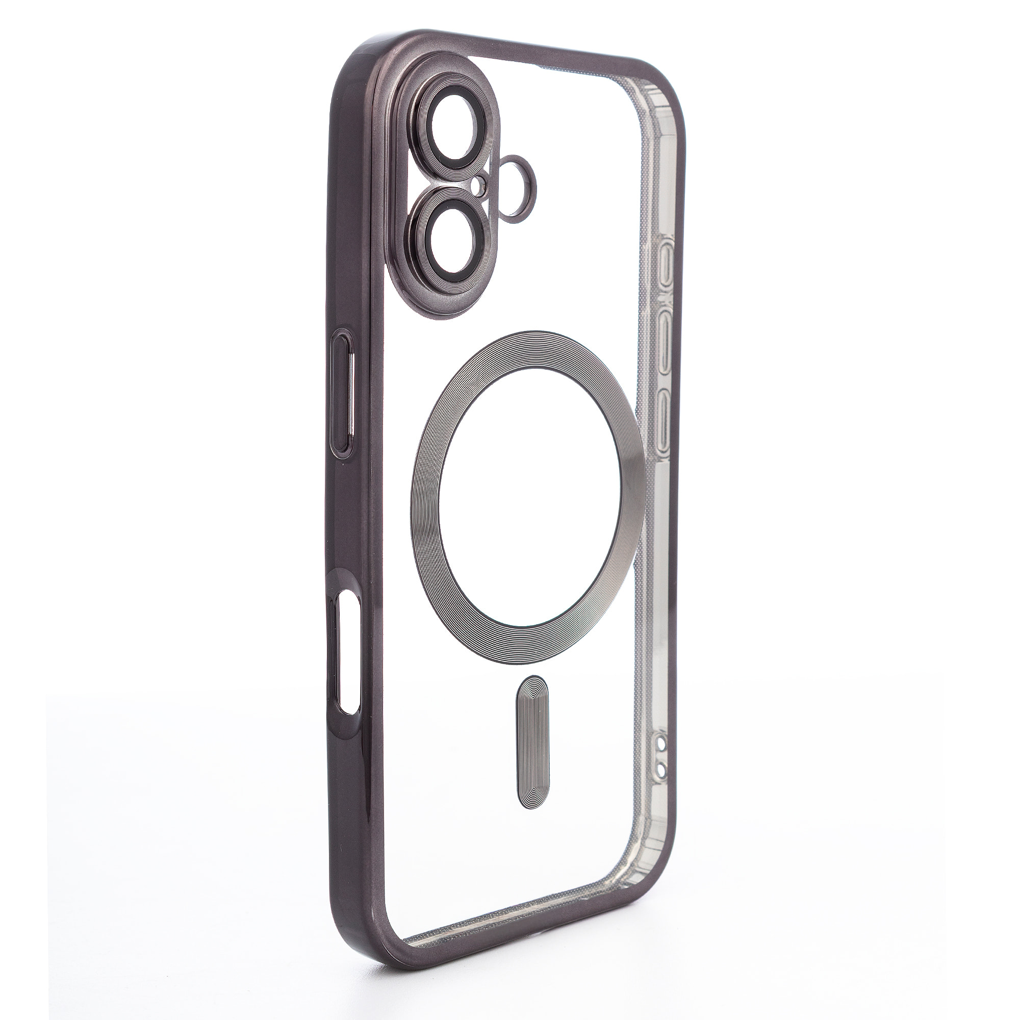 Carcasa transparente con cámara cubierta, bordes negros, antichoque y antihuellas. Magsafe para iPhone 16.