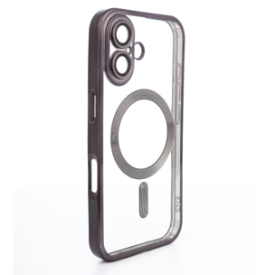 Carcasa transparente con cámara cubierta, bordes negros, antichoque y antihuellas. Magsafe para iPhone 16.