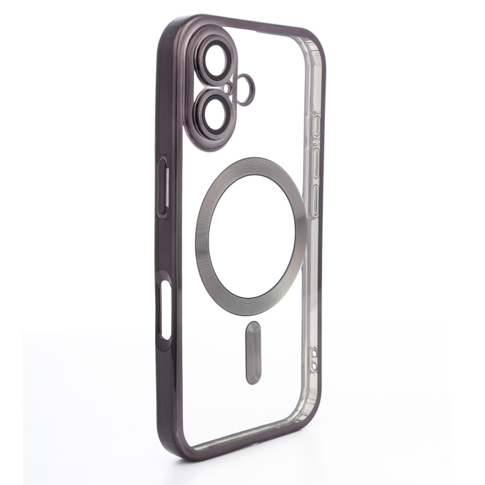 Carcasa transparente con cámara cubierta, bordes negros, antichoque y antihuellas. Magsafe para iPhone 16.