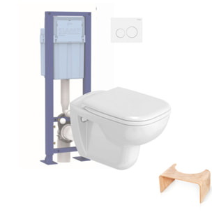 Pack WC suspendu DURAVIT D-code + bati support SIAMP + plaque + tabouret physiologique bois