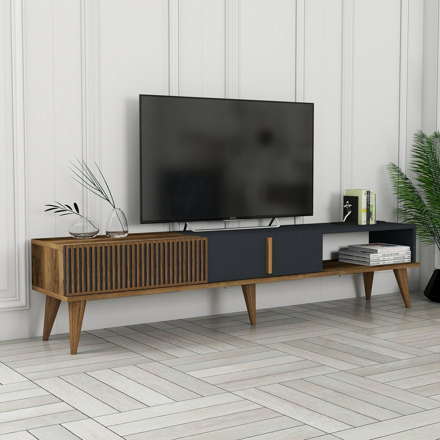 Mobile porta TV Dfirican, Credenza da soggiorno, Armadio basso per TV, Base parete attrezzata, 180x35h40 cm, Noce e Antracite