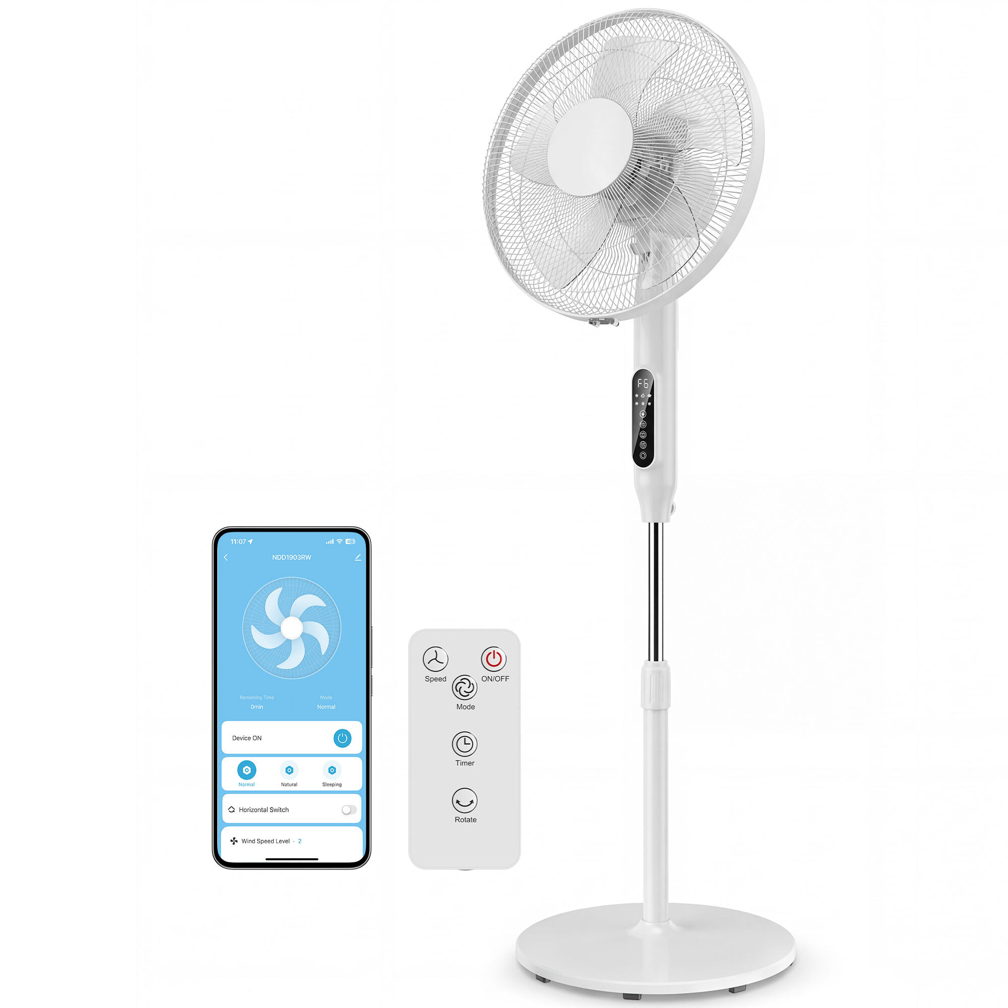 Ventilador de Pie con Control Remoto y Función Wifi, Ventilador de Pedestal Silencioso con Altura Ajustable, 3 Velocidades, 3 Modos, Oscilación 85°, Temporizador 15H y Pantalla LED, 50W, Blanco