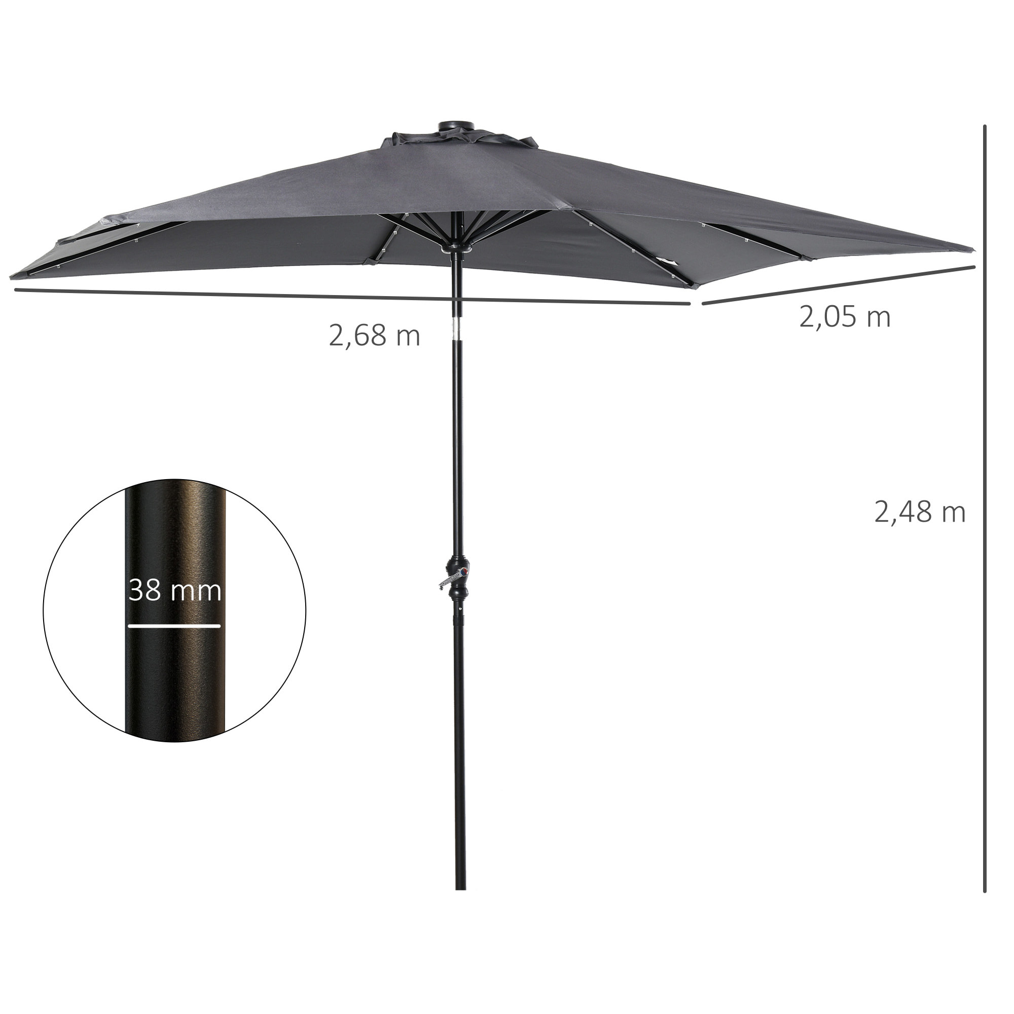 Sombrilla de Jardín 268x205x248 cm Parasol de Terraza con Techo Inclinable hasta 45° Luces LED Solares Anti-UV e Impermeable para Patio Balcón Gris Oscuro