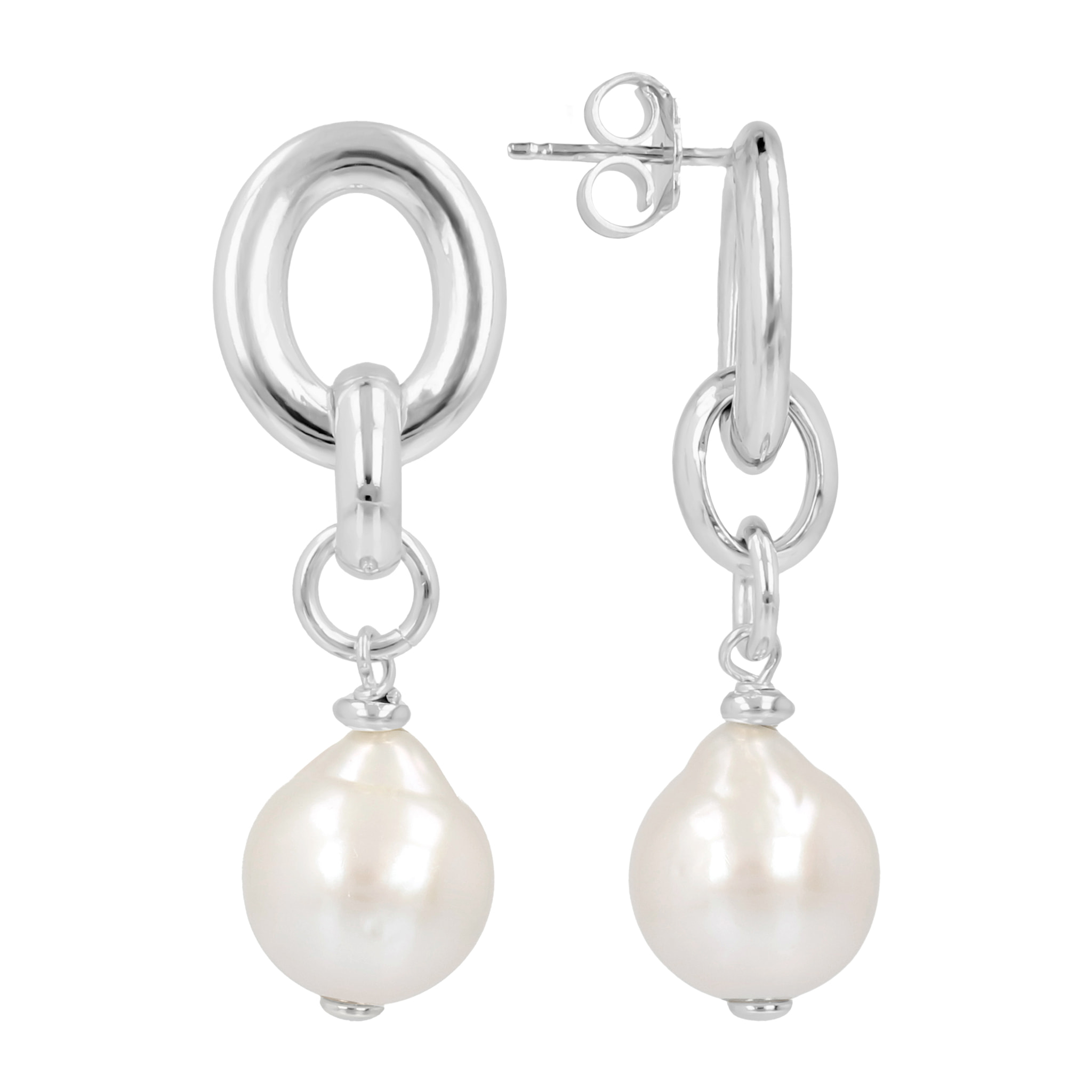PERLAVIVA - Orecchini Pendenti in Argento 925 placcato Oro Bianco 18Kt con Maglie Ovali e Perle Ming Bianche d'Acqua Dolce Ø11/12mm