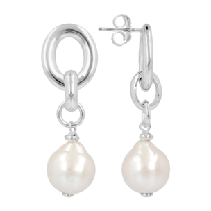 PERLAVIVA - Orecchini Pendenti in Argento 925 placcato Oro Bianco 18Kt con Maglie Ovali e Perle Ming Bianche d'Acqua Dolce Ø11/12mm