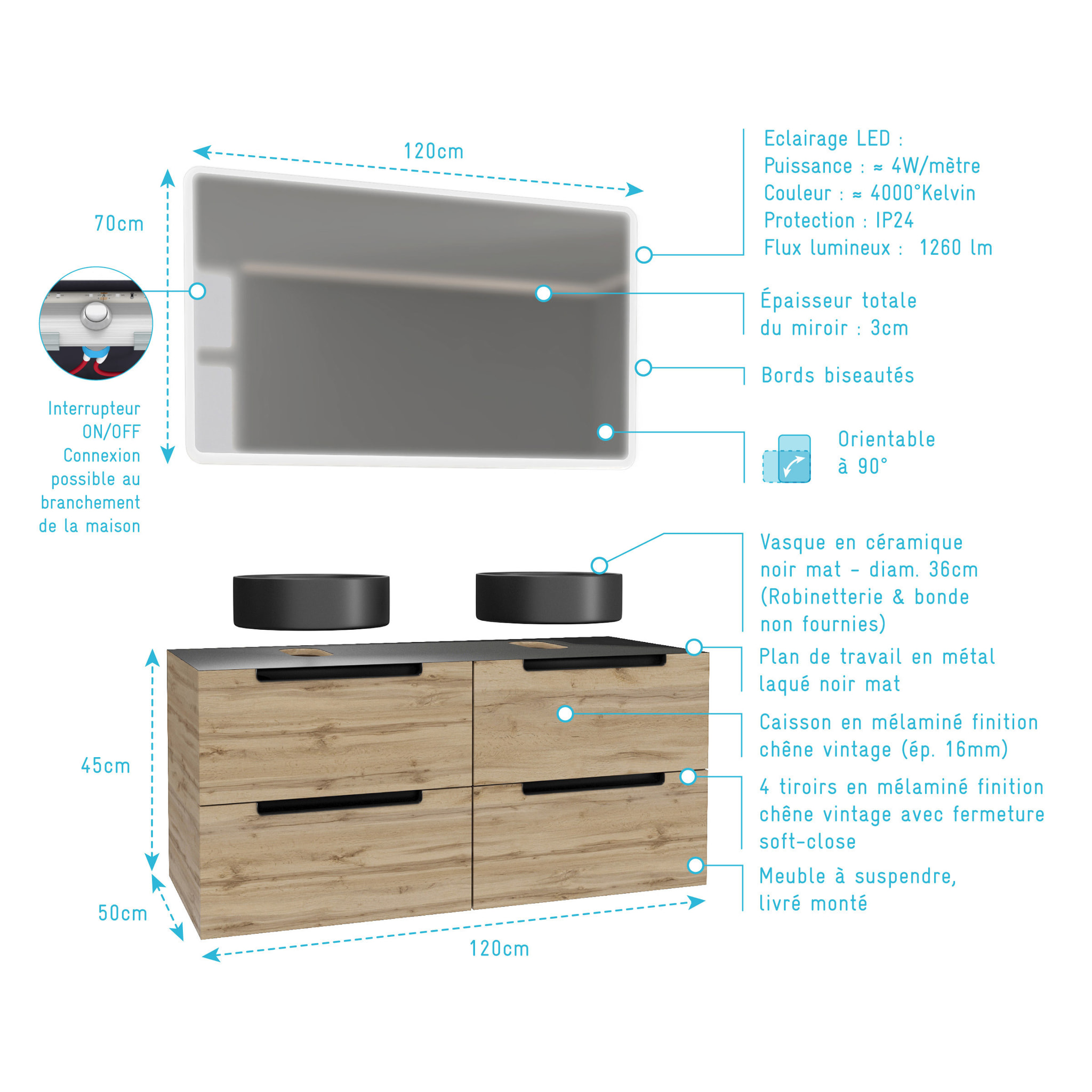 Meuble salle de bains 120cm Chene et noir, Vasques rondes Diam 36cm et Miroir Led 120x70 - OMEGA