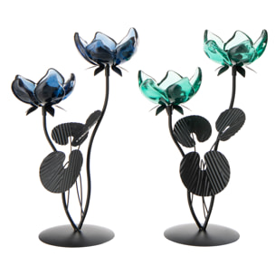 J-Line Photophore Fleur - verre - vert/bleu - large - 2 pièces