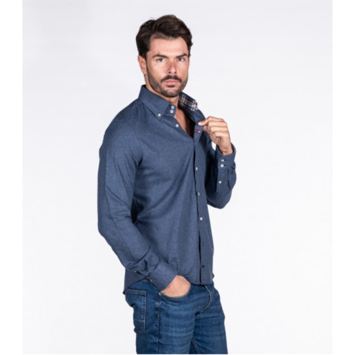 Camicia Uomo 2 Bottoni Button Down Slim Flanella Unito Blu