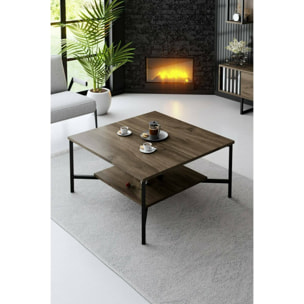 Tavolino da salotto Mia, Tavolo basso da caffè, Portariviste per divano, Ripiano da soggiorno, 80x80h40 cm, Noce e Nero