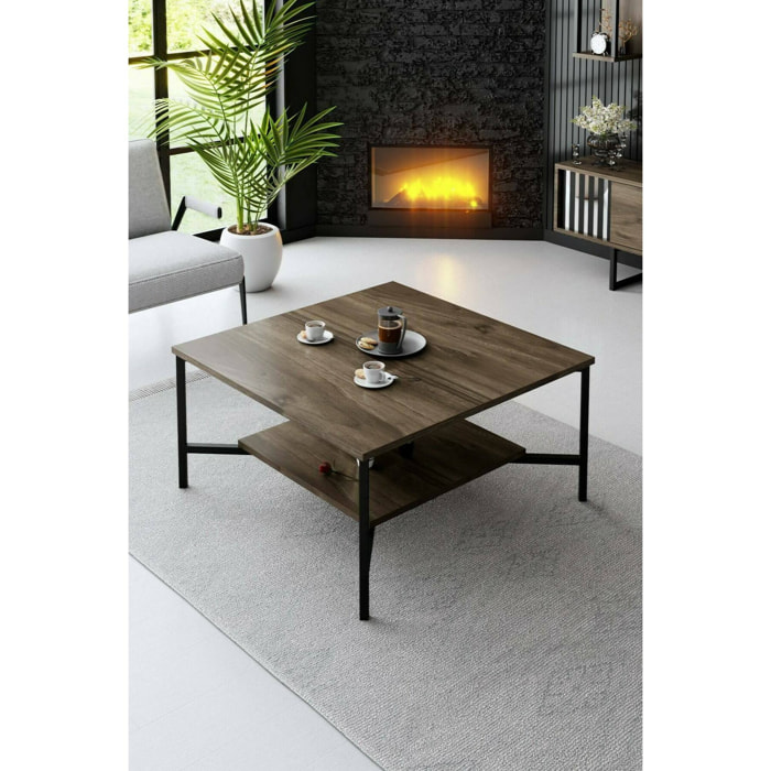 Tavolino da salotto Mia, Tavolo basso da caffè, Portariviste per divano, Ripiano da soggiorno, 80x80h40 cm, Noce e Nero