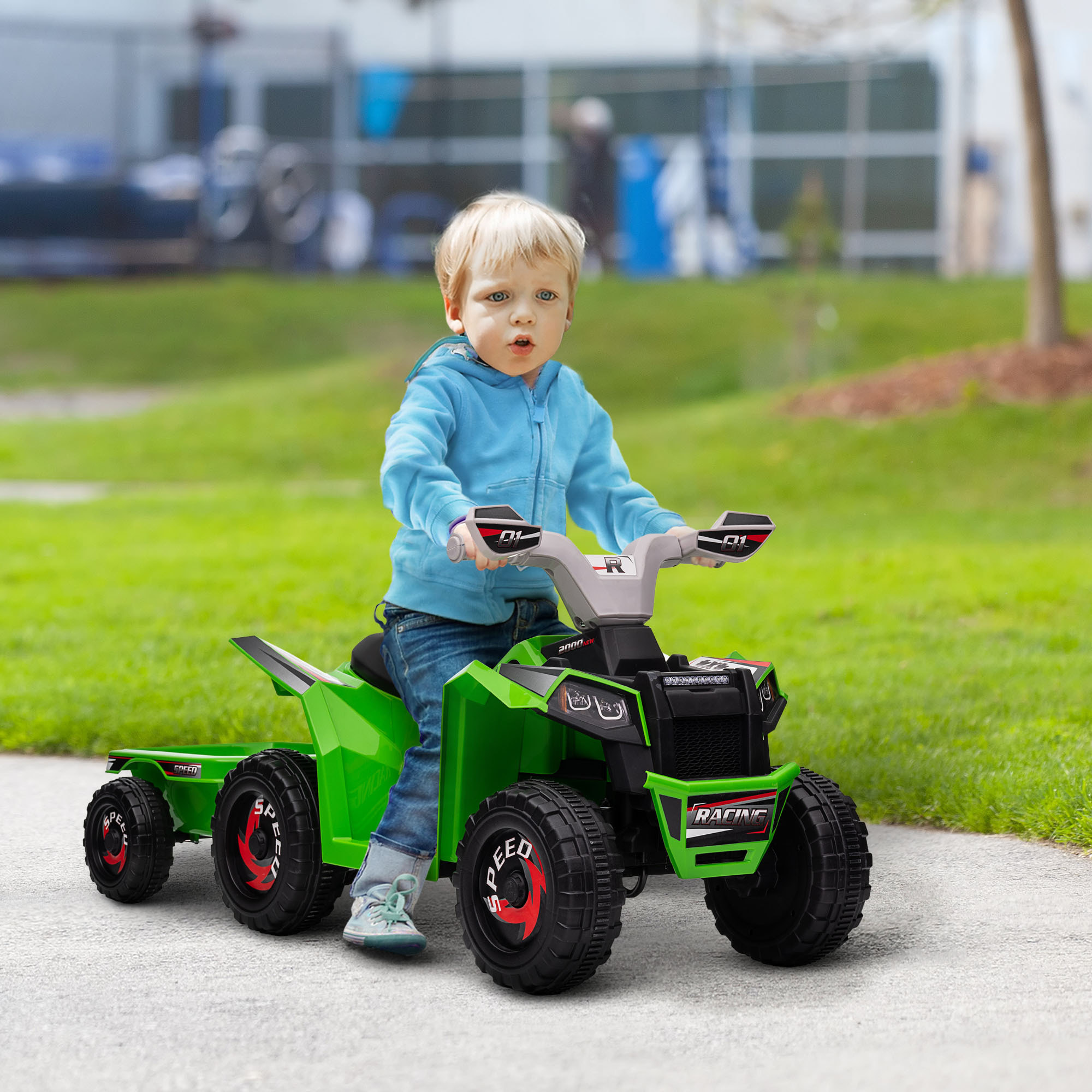 Quad Eléctrico para Niños con Remolque a Batería 6V Coche Eléctrico Cuatrimoto para Niños de 18-36 Meses con Velocidad 2,5 km/h Carga 25 kg 106x41,5x48,5 cm Verde