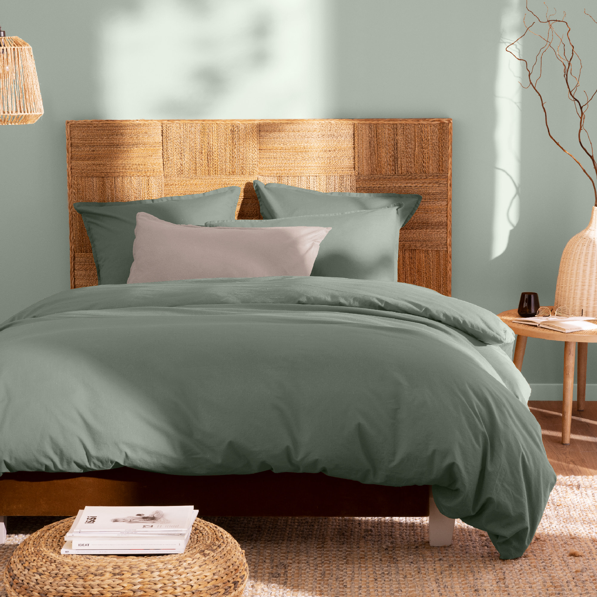 Parure de lit unie en coton taies à volant, COTON LAVÉ