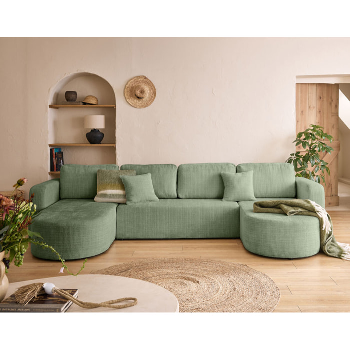 Miro - canapé panoramique en U 7 places - convertible avec coffre - en velours texturé - Vert sauge