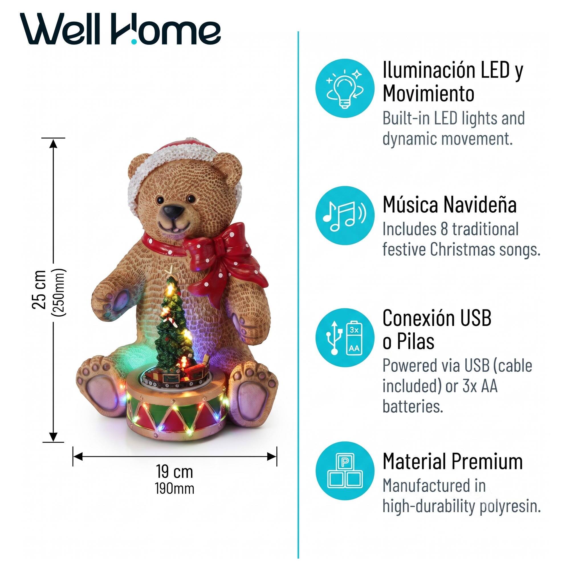 Oso navideño decorativo con tambor, luces led, movimiento y música con 8 villancicos, con usb incluido 19x19x25 cm