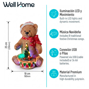 Oso navideño decorativo con tambor, luces led, movimiento y música con 8 villancicos, con usb incluido 19x19x25 cm