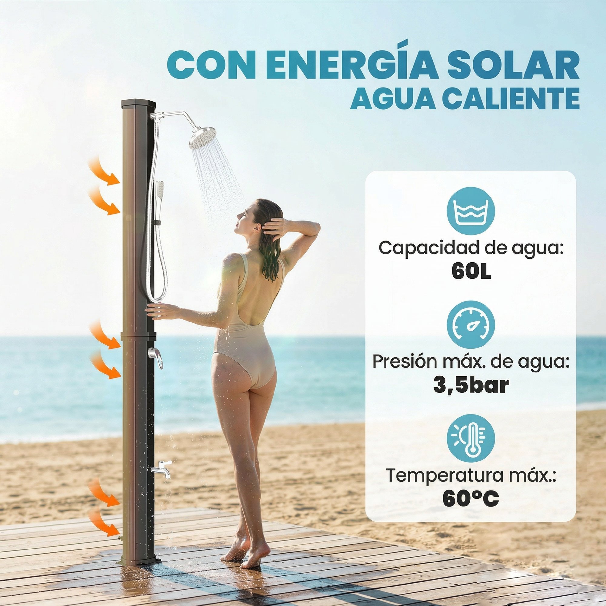 Ducha Solar de Jardín 60 L Ducha Solar Exterior con Cabezal Rociador de Mano Grifo de Pies Agua Fría y Caliente Máx. 60 °C Conexión Manguera para Piscina Camping Patio 21,8x18,2x227 cm Negro