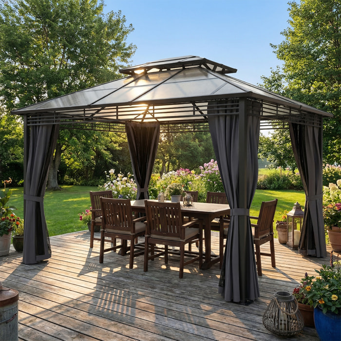Pergola pavillon de jardin alu métal double toit polycarbonate 3 x 3,5 m rideaux moustiquaires inclus