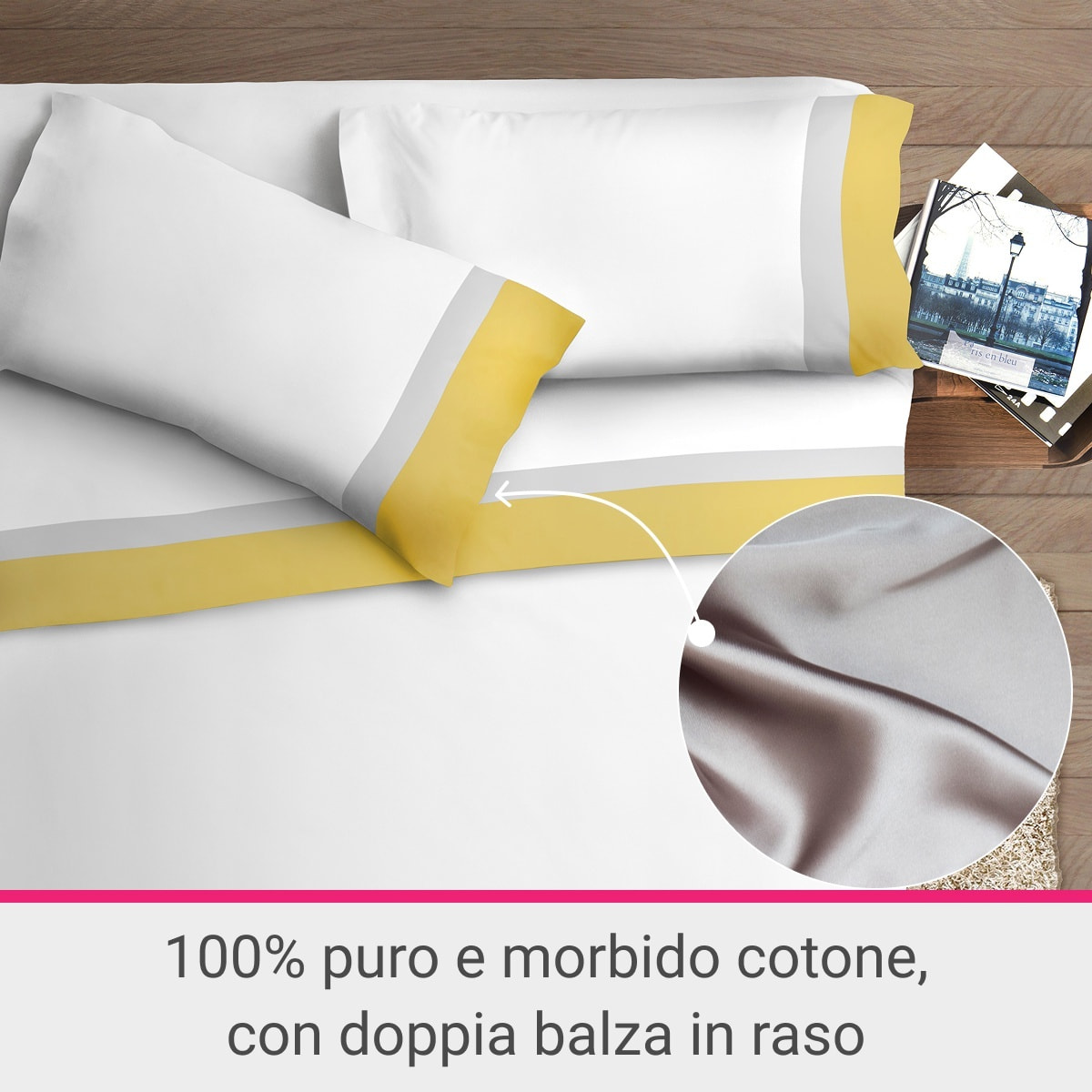 Completo letto doppia balza RASO IPERSAN Puro Cotone Ocra/Grigio CH fondo Bianco