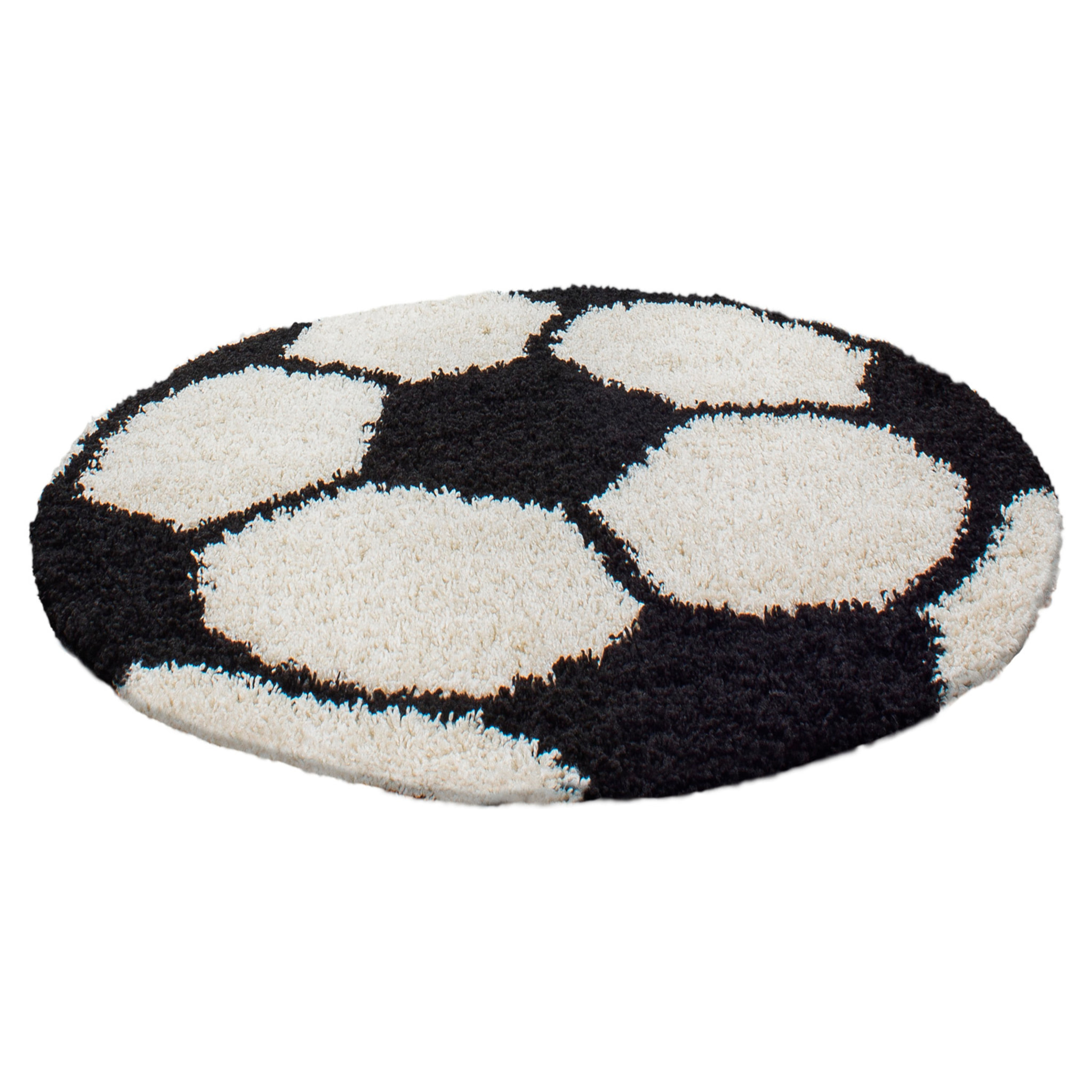 FUN - Tapis enfant shaggy rond à poils long motif ballon de foot noir