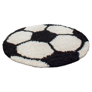 FUN - Tapis enfant shaggy rond à poils long motif ballon de foot noir