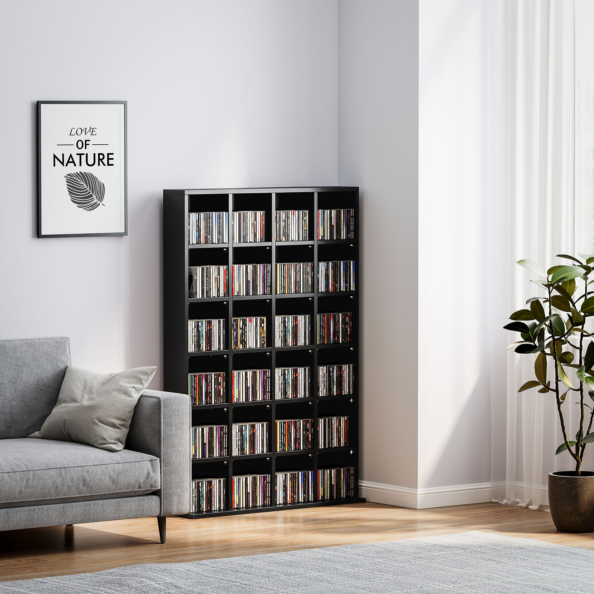 Étagère rangement CD/DVD meuble de rangement pour 480 CDs 24 compartiments réglables en hauteur 89 x 20 x 130 cm noir
