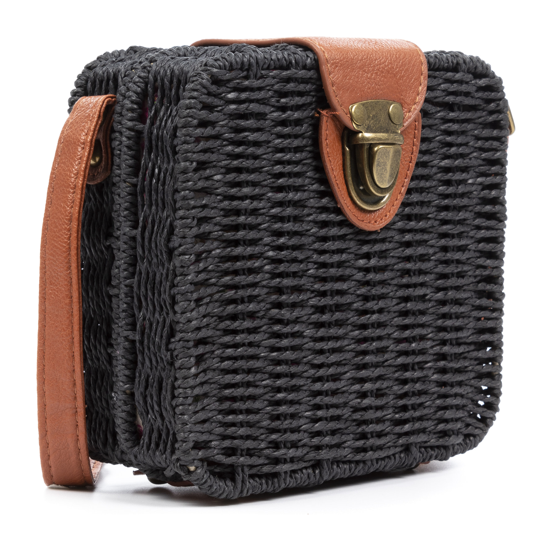 IRIA QUINTANA Borsa a tracolla da donna Empoli. Tessuto Paglia Pelle Sintetica PU 18x7x17 Cm. Colore nero