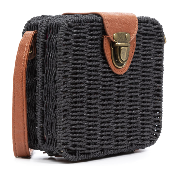 IRIA QUINTANA Borsa a tracolla da donna Empoli. Tessuto Paglia Pelle Sintetica PU 18x7x17 Cm. Colore nero