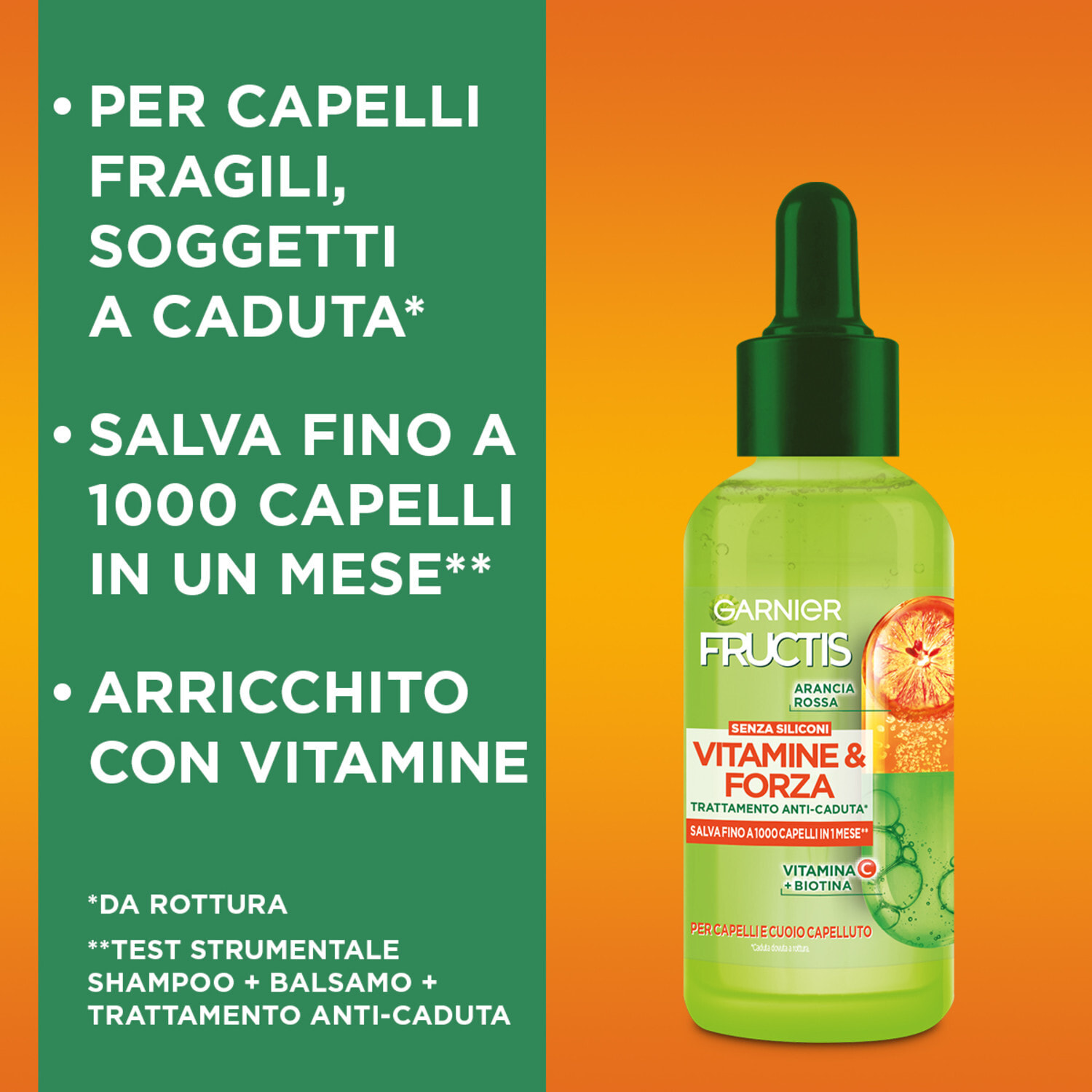 Siero Anti-Caduta per Capelli Fragili Fructis Vitamine e Forza Trattamento con Arancia Rossa Vitamina C e Biotina - Flacone da 125ml