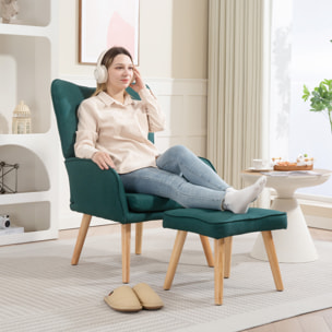 Sillón con Reposapiés Sillón Lectura con Respaldo Alto Capitoné Patas de Madera y Tapizado en Lino Butaca para Salón Dormitorio Oficina Verde Oscuro