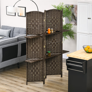 Paravent séparateur de pièce 4 panneaux pliables dim. 160L x 170H cm - 2 étagères - bois fibre papier brun