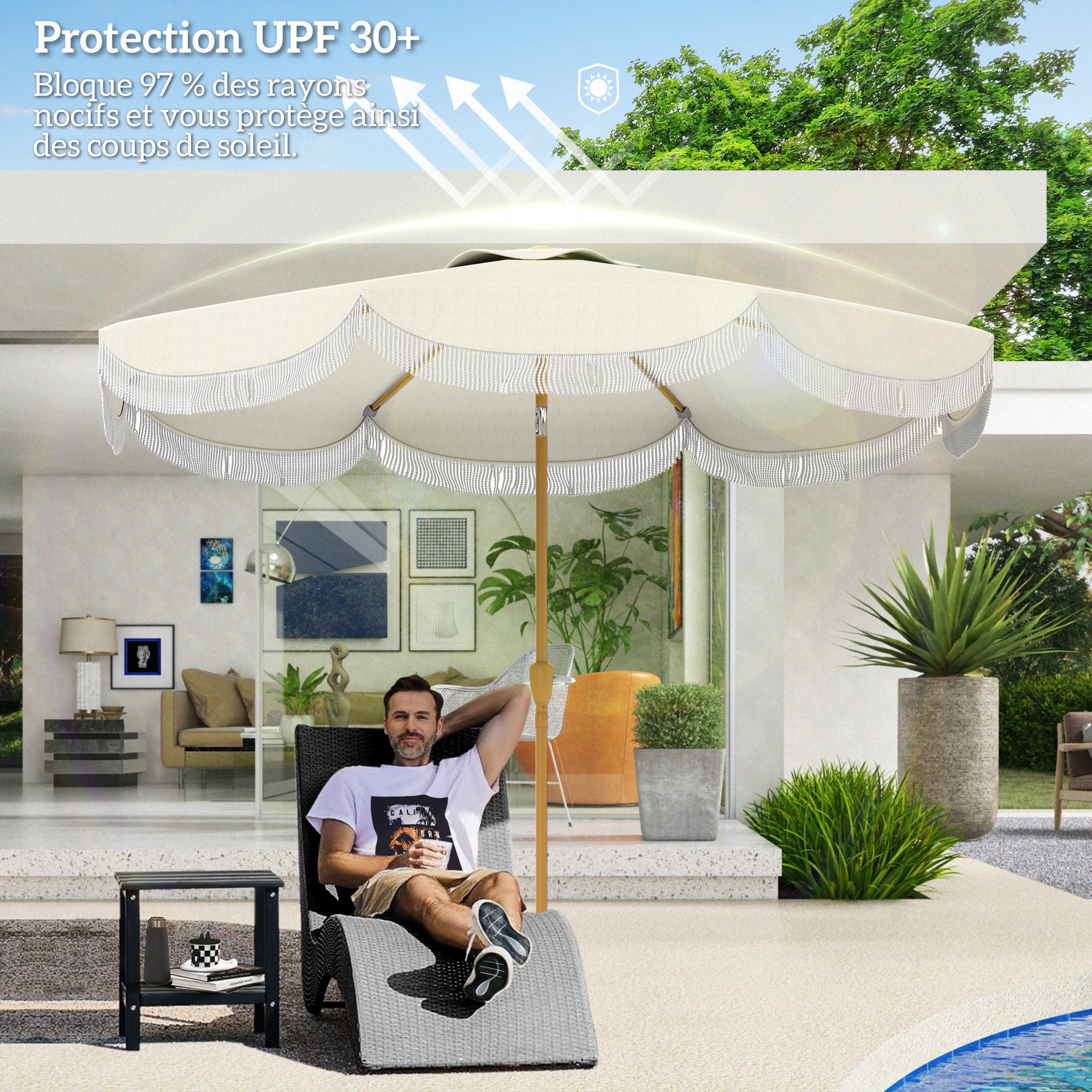 Parasol de jardin extérieur parasol inclinable rond Ø2,7 x 2,4 m parasol droit avec ouverture fermeture manivelle, franges, toile 180 g/m² protection UPF 30+, pour balcon, terrasse, bleu