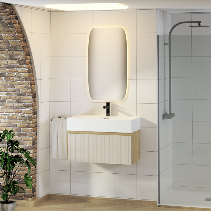 Ensemble de Salle de Bain Zel | Meuble Suspendu | 70 cm Glacier | Un Tiroir | Lavabo Encastré | Miroir non inclus | Meuble Monté | Alday