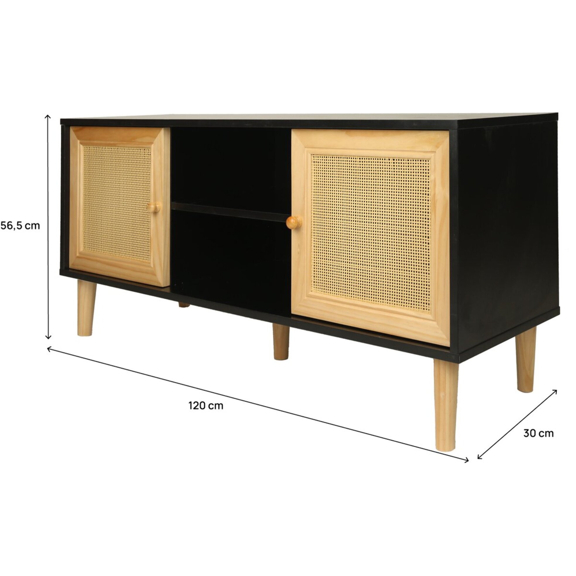 Meuble TV scandinave en cannage "Iguane" - 120 x 30 x 56.5 cm - Noir