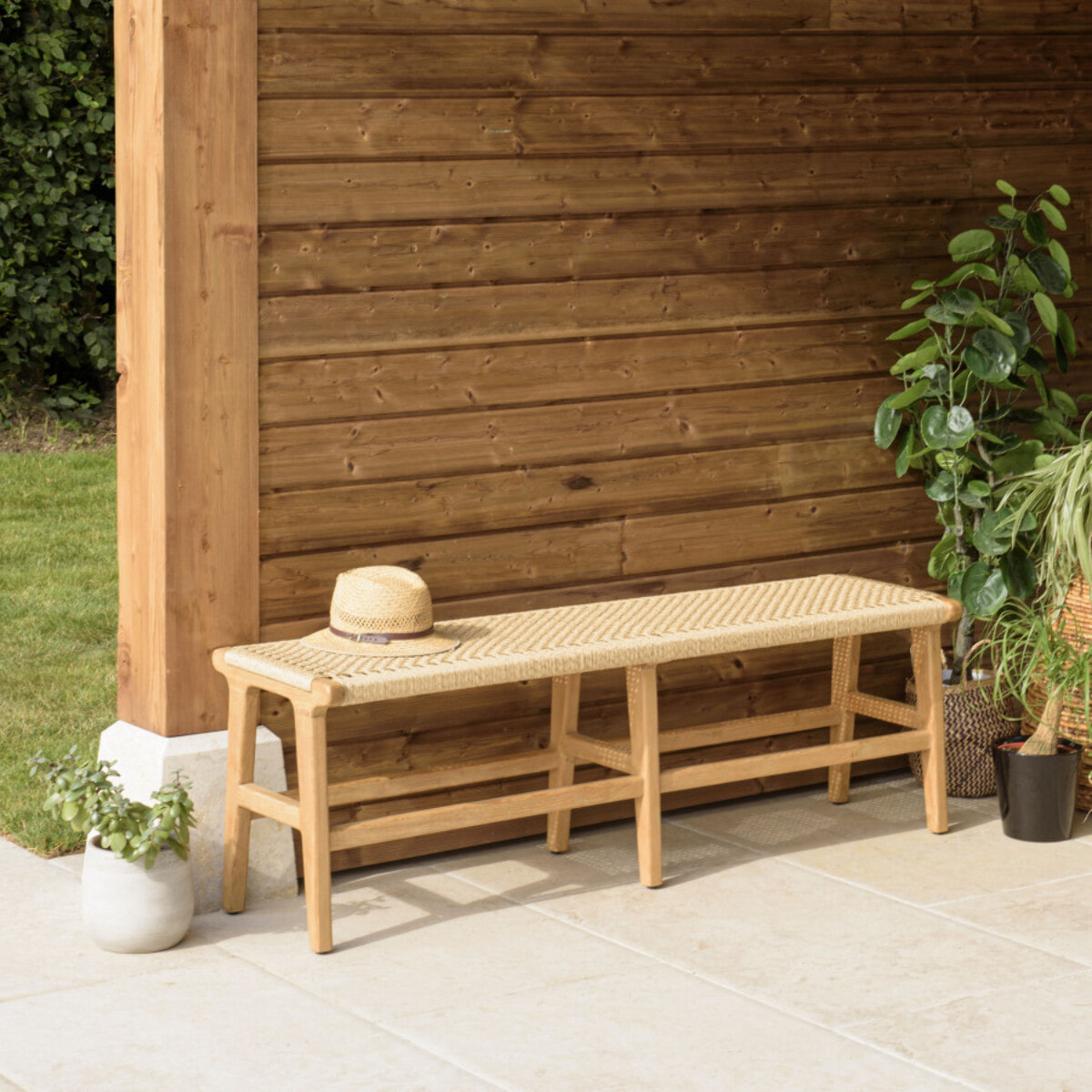 VALERIA - Banc de jardin 3 places teck assise rotin synthétique beige