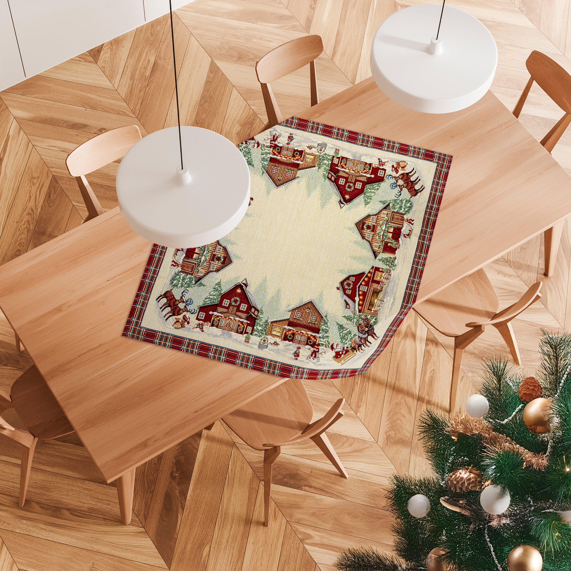 CENTROTAVOLA NATALIZIO JACQUARD DISEGNO RED COTTAGE